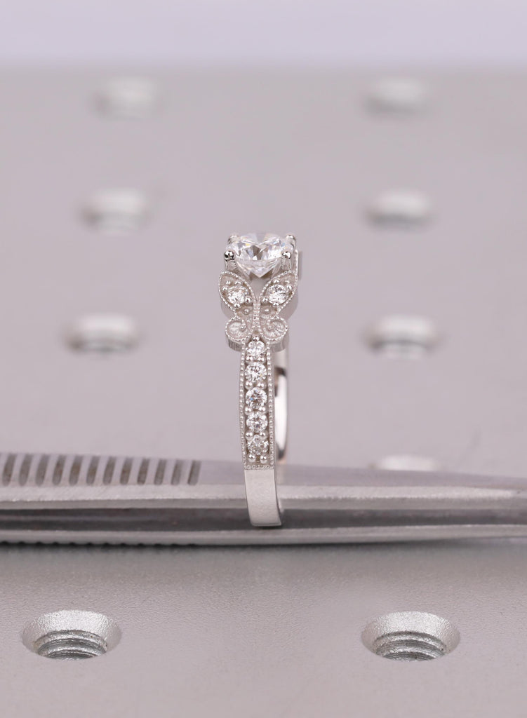 Round Cut Vintage Art Deco Butterfly Wedding Ring, Lab Grown Diamond, Nature Inspired Milgrain Anniversary Ring, Antique Style Promise Ring image #11