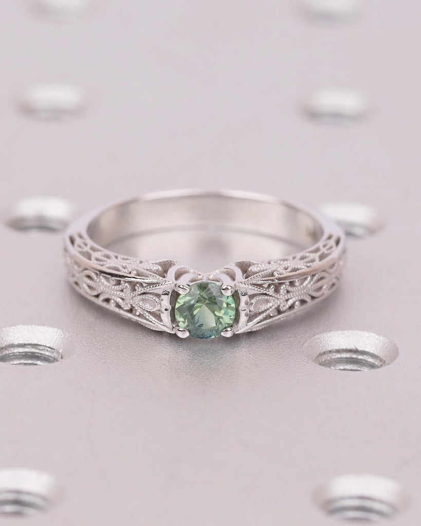Vintage Round Teal Sapphire Engagement Ring, 18k/14k Gold Promise Ring For Her, Antique Style September Birthstone Rings, Heirloom Jewelry image #9