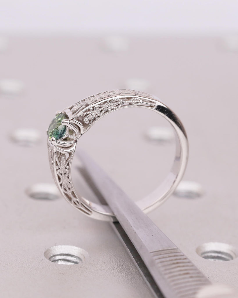 Unique Blue Green Sapphire Gemstone Wedding Ring, 14k White Gold Ring, Birthstone Jewelry image #12