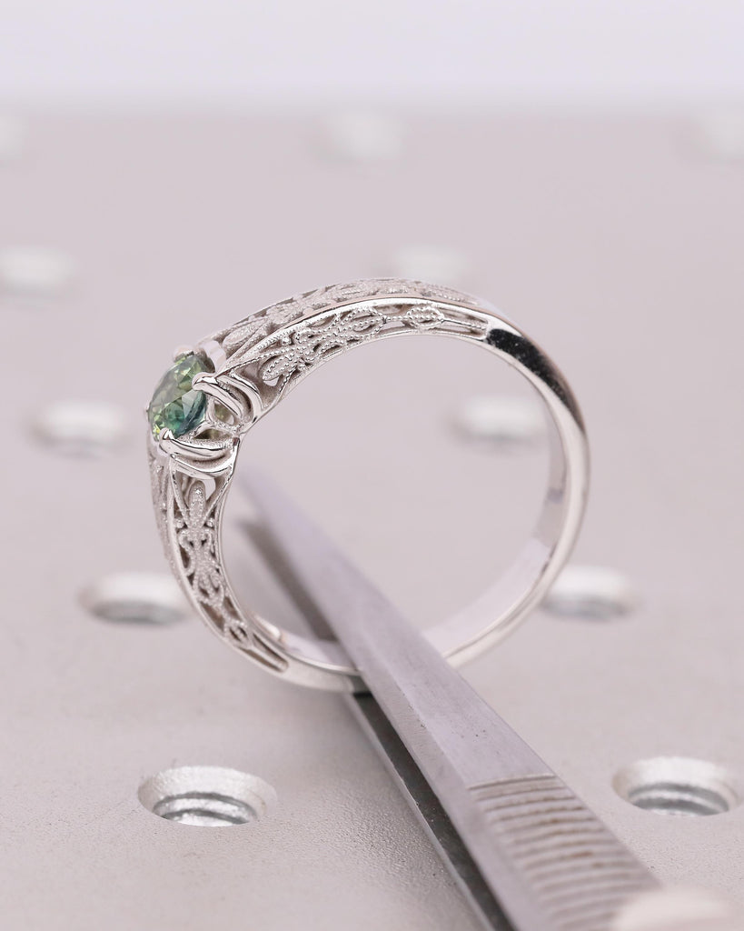 Vintage Round Teal Sapphire Engagement Ring, 18k/14k Gold Promise Ring For Her, Antique Style September Birthstone Rings, Heirloom Jewelry image #12