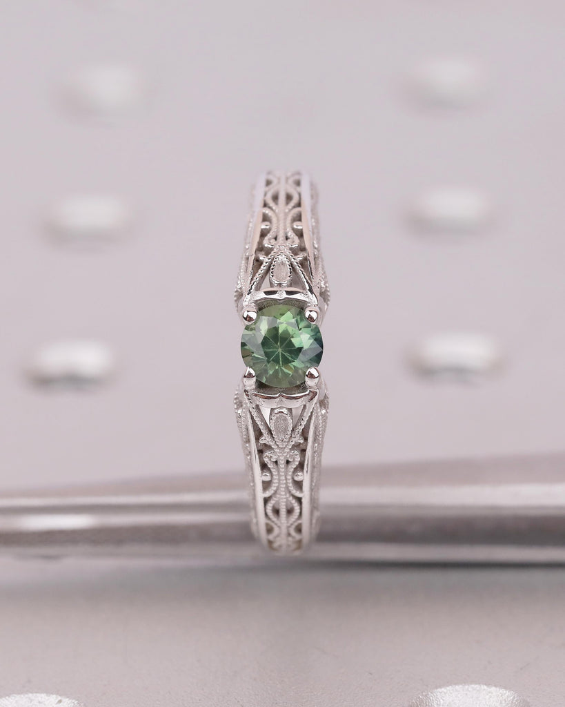 Unique Blue Green Sapphire Gemstone Wedding Ring, 14k White Gold Ring, Birthstone Jewelry image #18