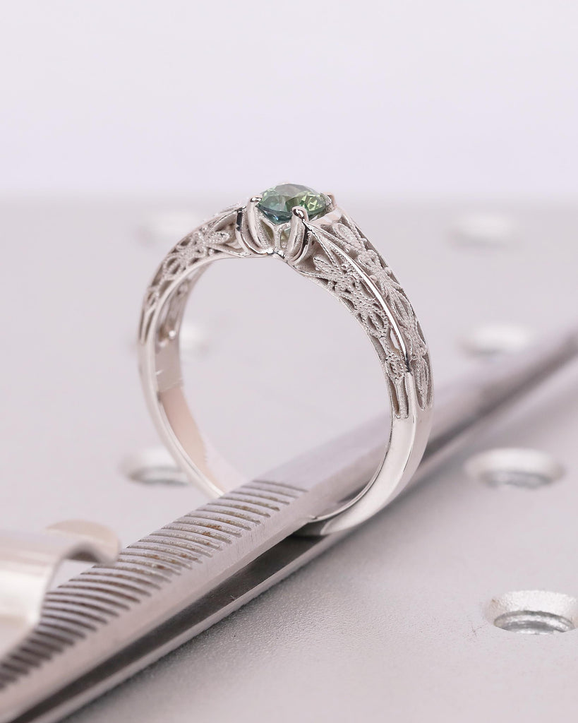 Unique Blue Green Sapphire Gemstone Wedding Ring, 14k White Gold Ring, Birthstone Jewelry image #19
