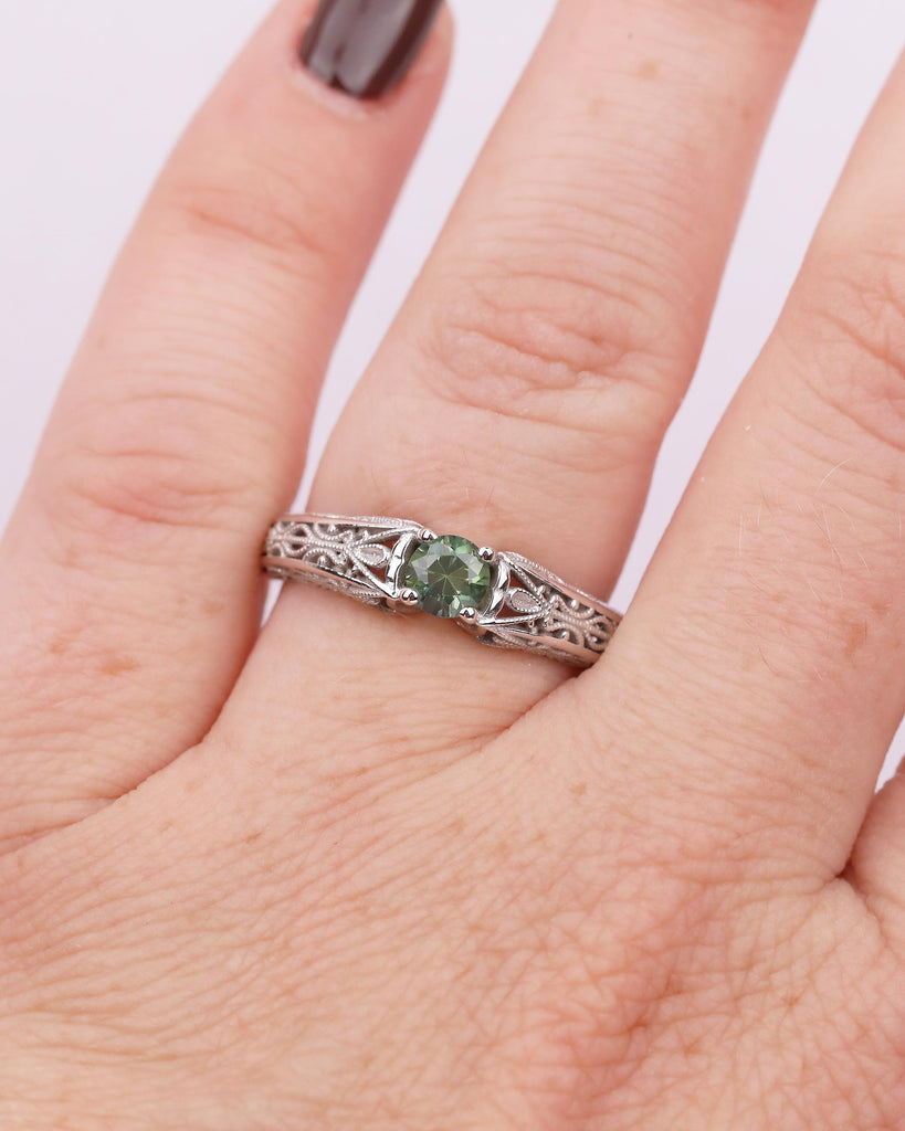Vintage Round Teal Sapphire Engagement Ring, 18k/14k Gold Promise Ring For Her, Antique Style September Birthstone Rings, Heirloom Jewelry image #13