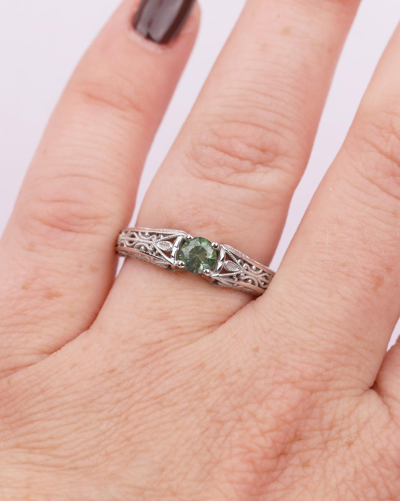 Unique Blue Green Sapphire Gemstone Wedding Ring, 14k White Gold Ring, Birthstone Jewelry image #13