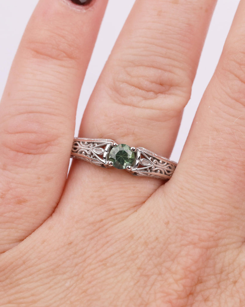 Vintage Round Teal Sapphire Engagement Ring, 18k/14k Gold Promise Ring For Her, Antique Style September Birthstone Rings, Heirloom Jewelry image #2