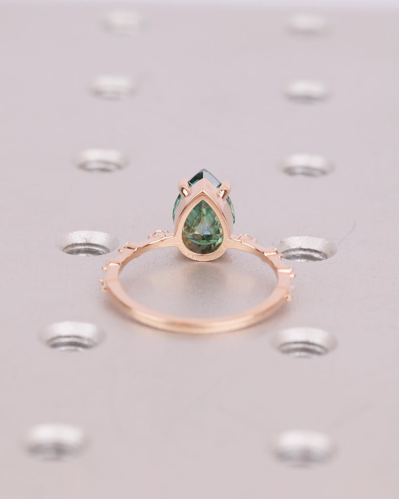 Pear Cut Green Moissanite Engagement Ring, Dainty 14k Rose Gold Promise Rings for Women, Round Diamond Half Eternity Band, Bridal Jewelry image #6