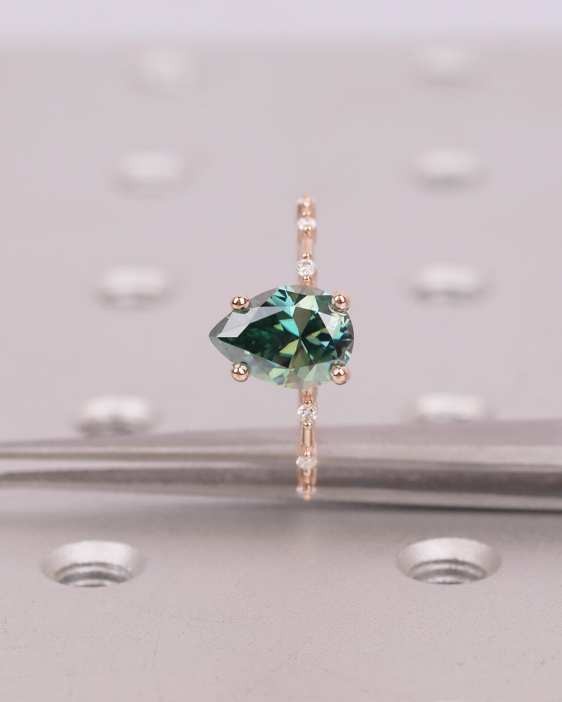Pear Cut Green Moissanite Engagement Ring, Dainty 14k Rose Gold Promise Rings for Women, Round Diamond Half Eternity Band, Bridal Jewelry image #11