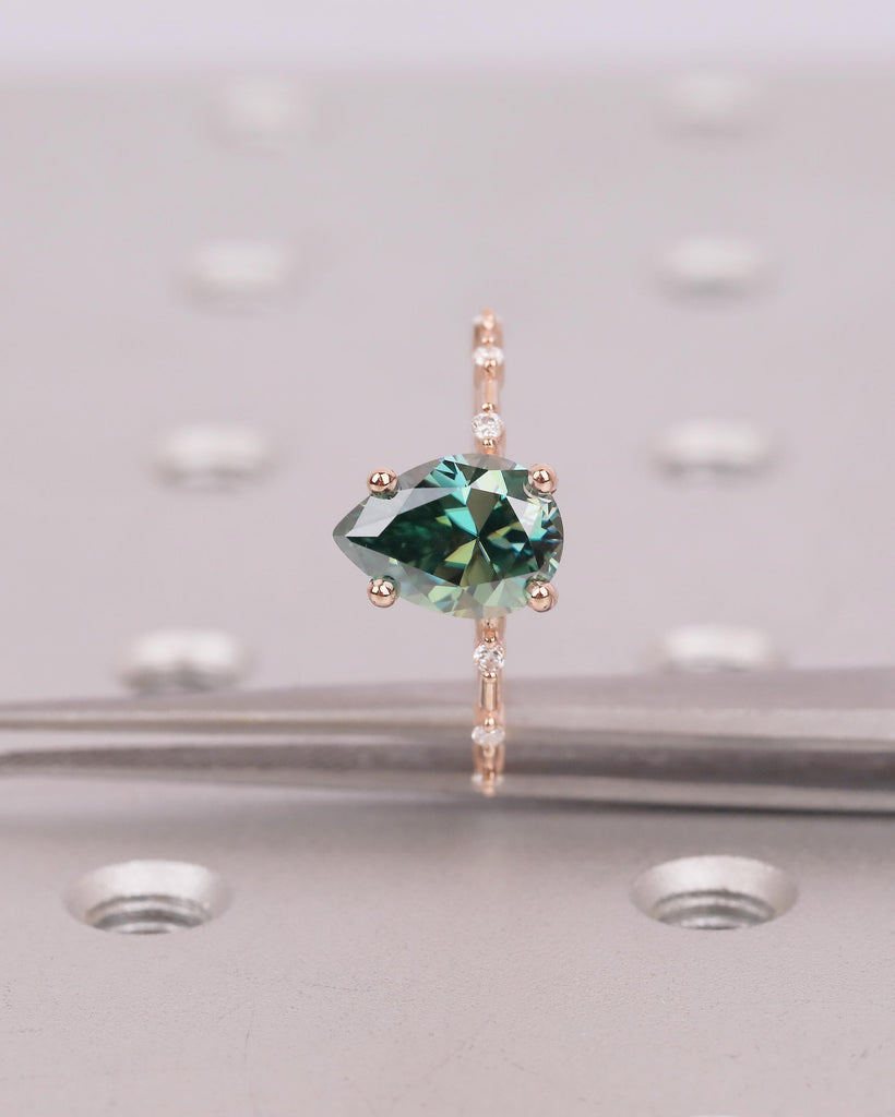 Pear Shaped Green Moissanite Ring, Art Deco 14k Rose Gold Engagement Ring, Diamond Accents image #11