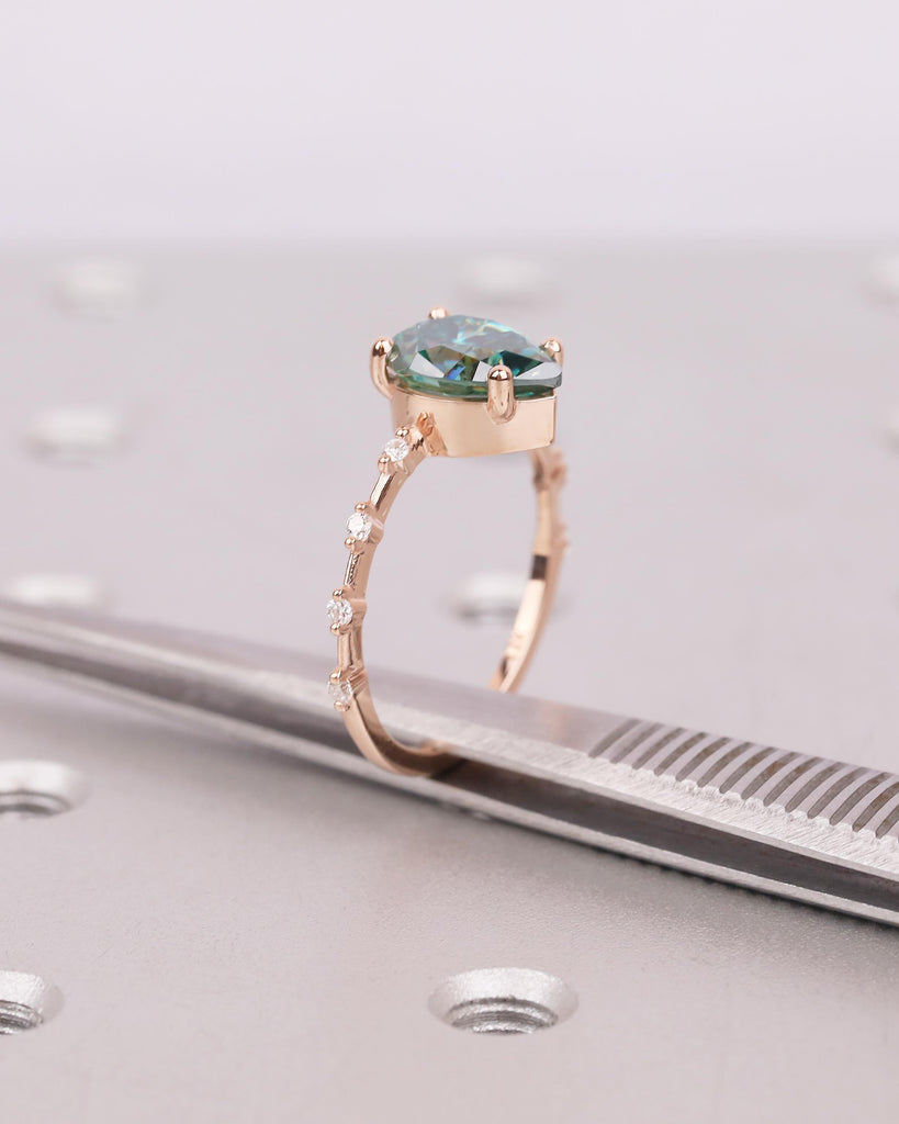 Pear Cut Green Moissanite Engagement Ring, Dainty 14k Rose Gold Promise Rings for Women, Round Diamond Half Eternity Band, Bridal Jewelry image #16