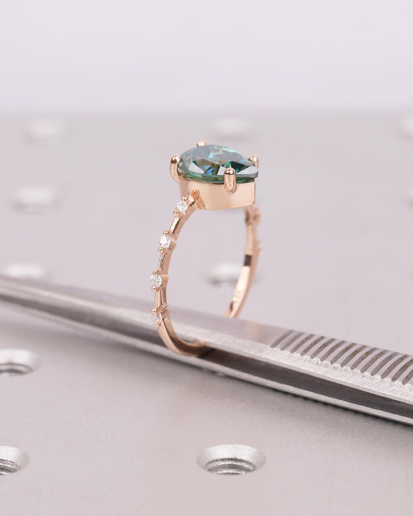 Pear Shaped Green Moissanite Ring, Art Deco 14k Rose Gold Engagement Ring, Diamond Accents image #16