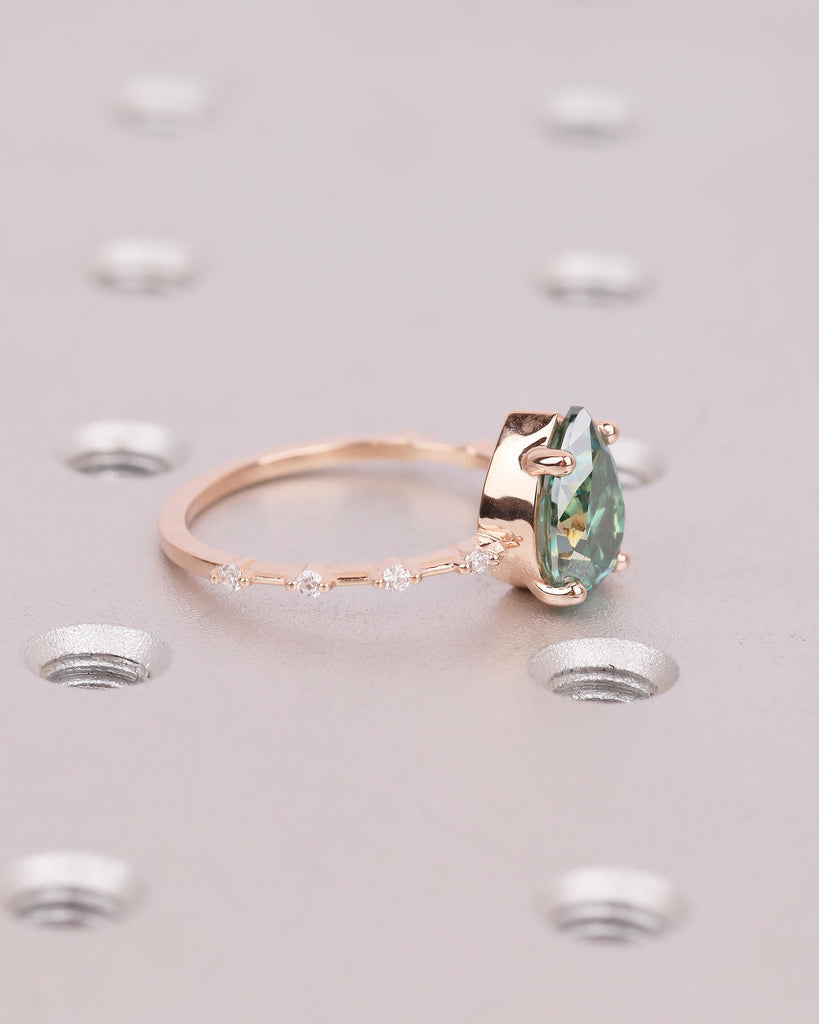 Pear Shaped Green Moissanite Ring, Art Deco 14k Rose Gold Engagement Ring, Diamond Accents image #15