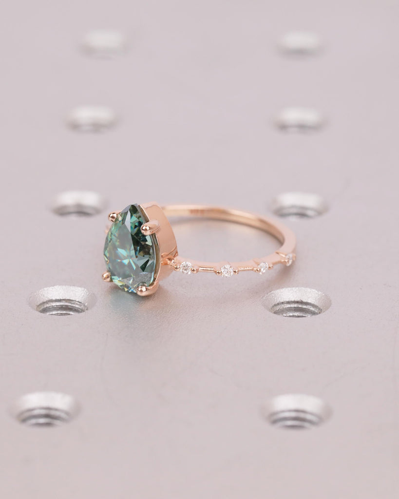 Pear Cut Green Moissanite Engagement Ring, Dainty 14k Rose Gold Promise Rings for Women, Round Diamond Half Eternity Band, Bridal Jewelry image #4
