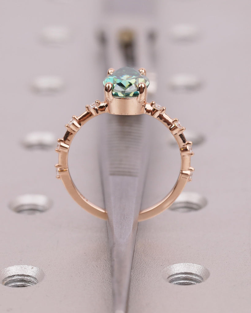 Pear Shaped Green Moissanite Ring, Art Deco 14k Rose Gold Engagement Ring, Diamond Accents image #7