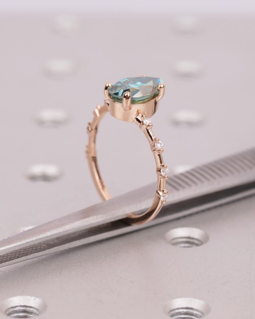 Pear Cut Green Moissanite Engagement Ring, Dainty 14k Rose Gold Promise Rings for Women, Round Diamond Half Eternity Band, Bridal Jewelry image #5
