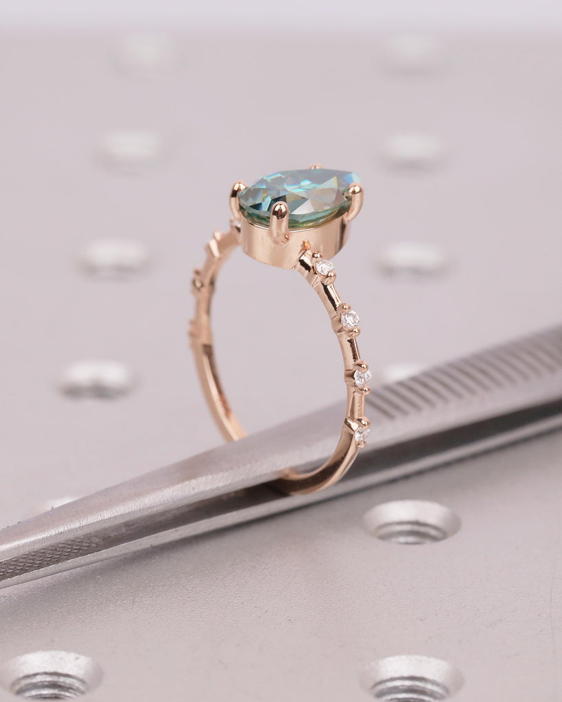 Pear Shaped Green Moissanite Ring, Art Deco 14k Rose Gold Engagement Ring, Diamond Accents image #5