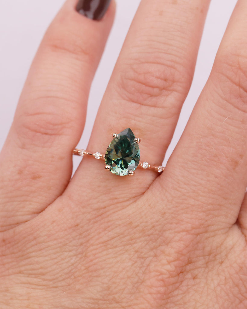 Pear Cut Green Moissanite Engagement Ring, Dainty 14k Rose Gold Promise Rings for Women, Round Diamond Half Eternity Band, Bridal Jewelry image #12