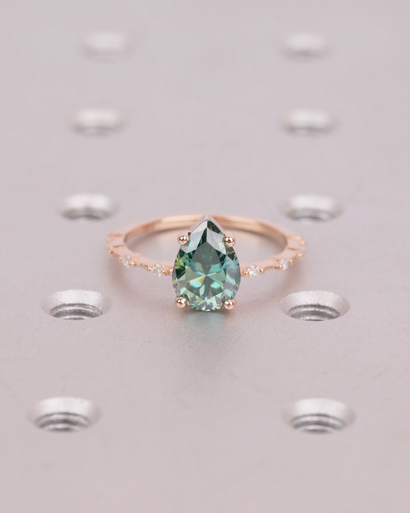 Pear Cut Green Moissanite Engagement Ring, Dainty 14k Rose Gold Promise Rings for Women, Round Diamond Half Eternity Band, Bridal Jewelry image #1