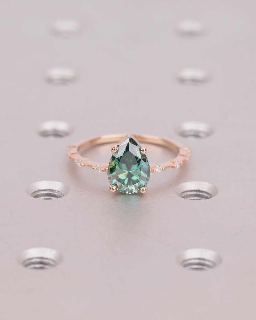 Pear Shaped Green Moissanite Ring, Art Deco 14k Rose Gold Engagement Ring, Diamond Accents image #2