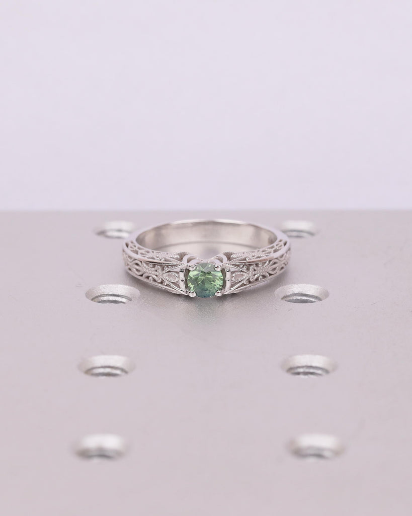 Unique Blue Green Sapphire Gemstone Wedding Ring, 14k White Gold Ring, Birthstone Jewelry image #2