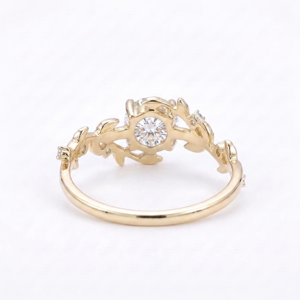 Round Moissanite Nature Engagement Ring | 14k/18k Gold Olive Leaf Rings for Women | Custom Bridal Jewelry image #6