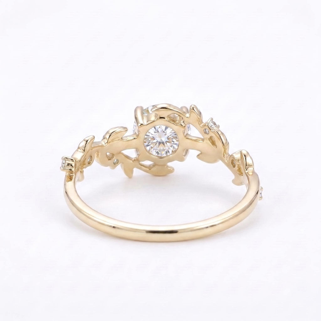 14k Yellow Gold Moissanite Promise Ring for Her | Dainty Gold Leaf and Vine Ring | Vintage Wedding Anniversary Gift image #5