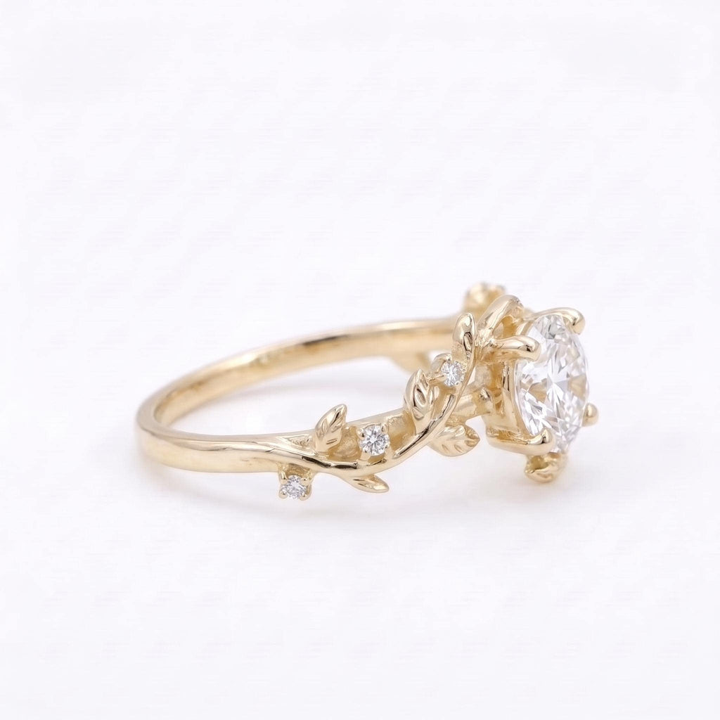 Round Moissanite Nature Engagement Ring | 14k/18k Gold Olive Leaf Rings for Women | Custom Bridal Jewelry image #5