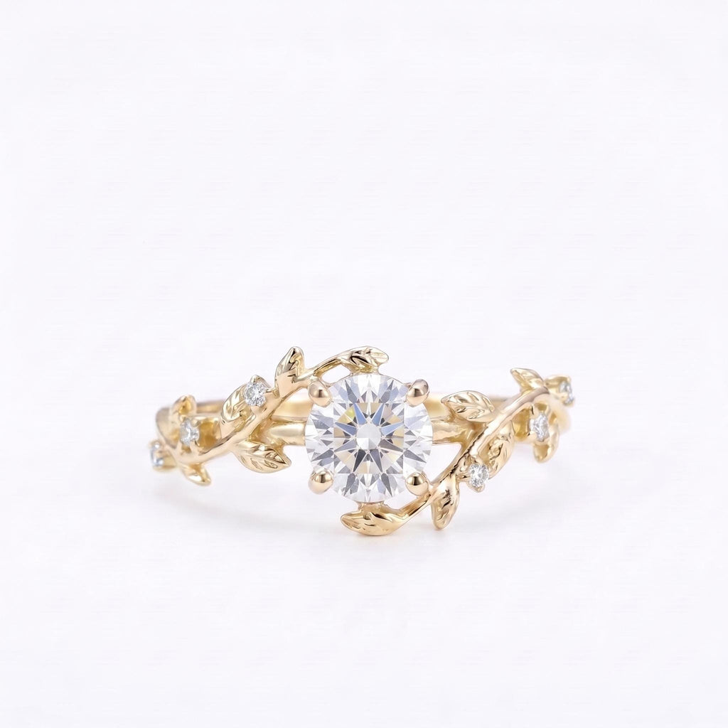 Round Moissanite Nature Engagement Ring | 14k/18k Gold Olive Leaf Rings for Women | Custom Bridal Jewelry image #4