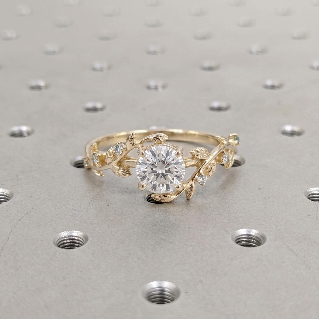 Round Moissanite Nature Engagement Ring | 14k/18k Gold Olive Leaf Rings for Women | Custom Bridal Jewelry image #7
