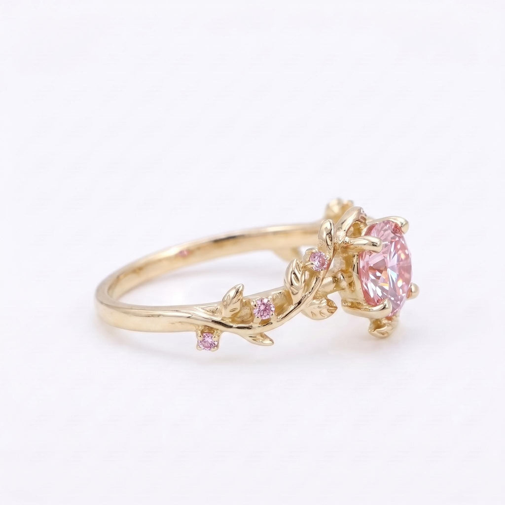 Pink Diamond Unique Engagement Rings for Women | Solid Gold Dainty Olive Leaf Ring | Nature Inspired Wedding Jewelry image #5