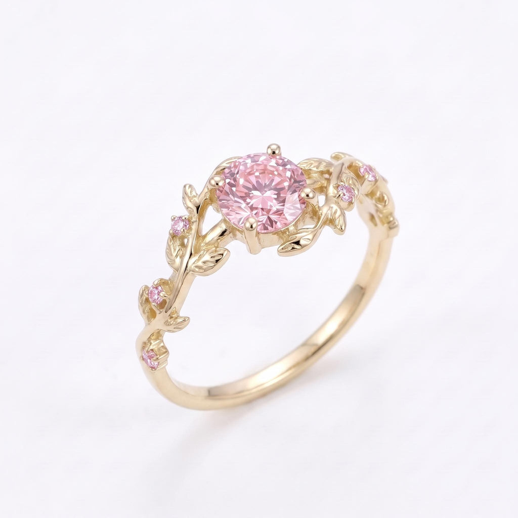 14k Yellow Gold Lab Grown Diamond Proposal Ring | Round Pink Gemstone Ring | Vintage Jewelry Anniversary Gift for Her image #2