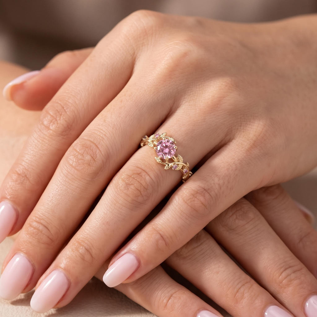 Pink Diamond Unique Engagement Rings for Women | Solid Gold Dainty Olive Leaf Ring | Nature Inspired Wedding Jewelry image #2
