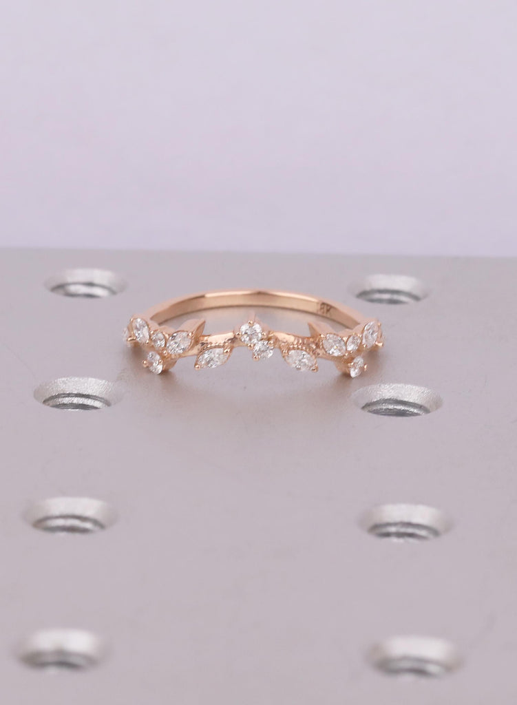 Nature Inspired Curved Wedding Band, Marquise Cluster Vine Stacking Ring, Tiara Chevron Matching Bridal Band image #12