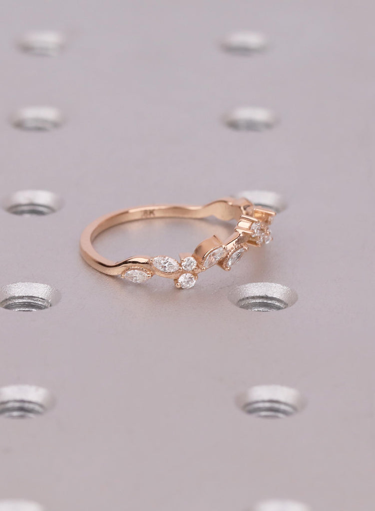 Nature Inspired Curved Wedding Band, Marquise Cluster Vine Stacking Ring, Tiara Chevron Matching Bridal Band image #4