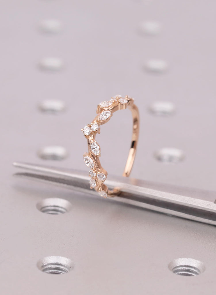 Curved Wedding Band | Marquise Cluster Ring | Vine Stacking Band | Diamond Chevron Ring | Crown Bridal Ring | Nature Inspired Matching Band image #7