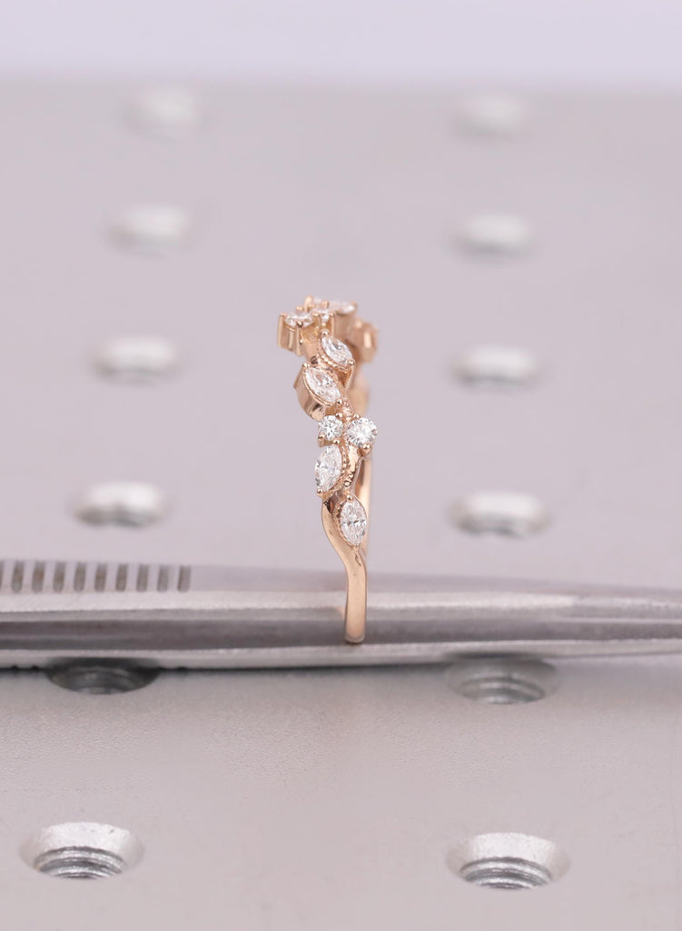 Curved Wedding Band | Marquise Cluster Ring | Vine Stacking Band | Diamond Chevron Ring | Crown Bridal Ring | Nature Inspired Matching Band image #11
