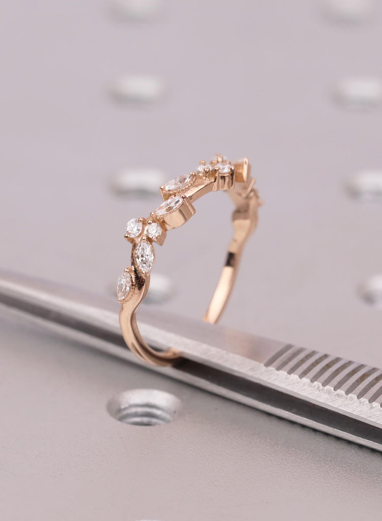 Curved Wedding Band | Marquise Cluster Ring | Vine Stacking Band | Diamond Chevron Ring | Crown Bridal Ring | Nature Inspired Matching Band image #12