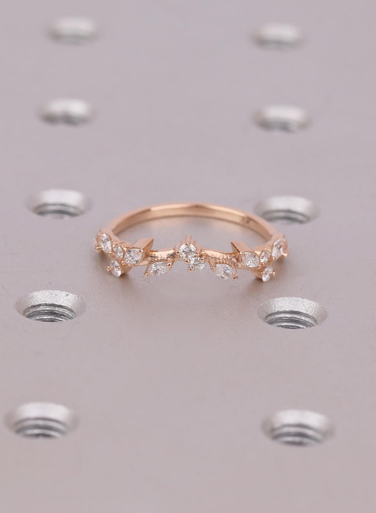 Curved Wedding Band | Marquise Cluster Ring | Vine Stacking Band | Diamond Chevron Ring | Crown Bridal Ring | Nature Inspired Matching Band image #1