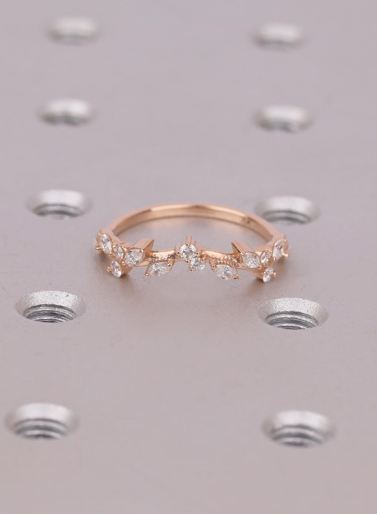 Nature Inspired Curved Wedding Band, Marquise Cluster Vine Stacking Ring, Tiara Chevron Matching Bridal Band image #3