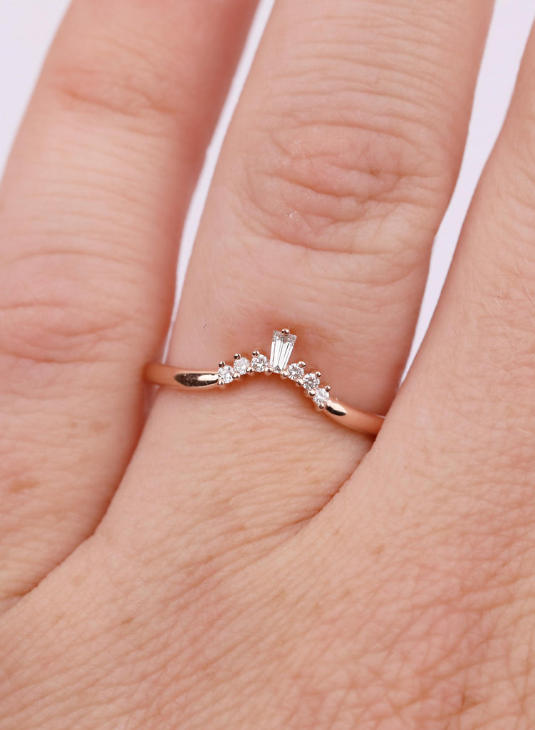 Baguette Diamond Curved Wedding Band, Art Deco Curved Wedding Ring For Women, Unique Stacking Band, Chevron Matching Band, Anniversary Gift image #2