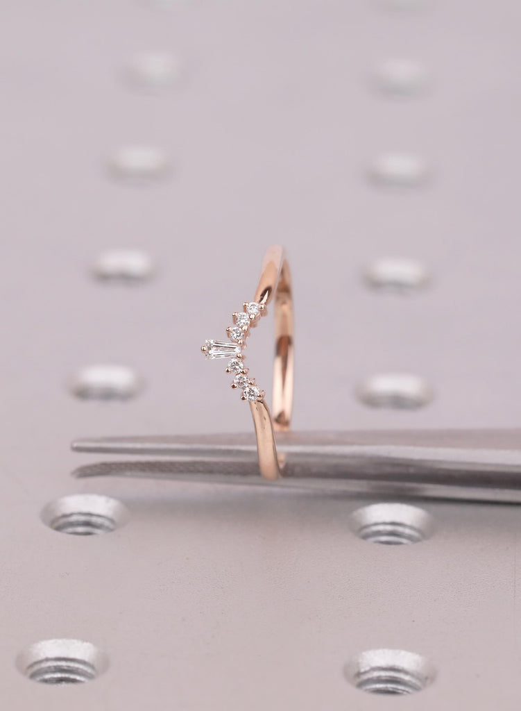 Baguette Diamond Curved Wedding Band, Art Deco Curved Wedding Ring For Women, Unique Stacking Band, Chevron Matching Band, Anniversary Gift image #7