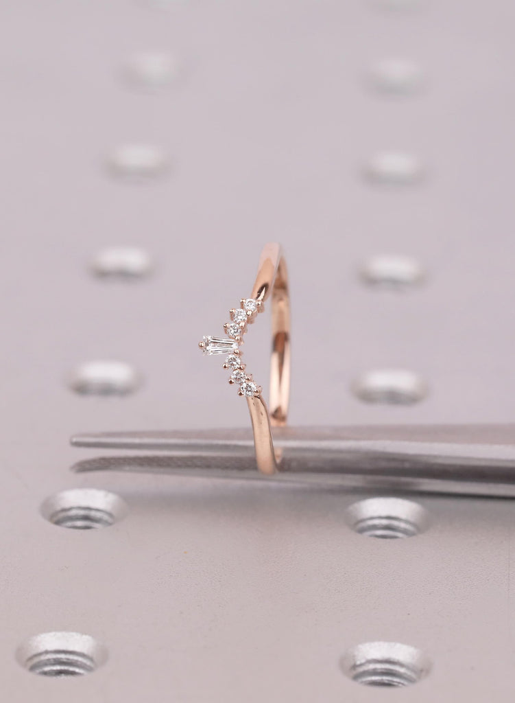 Curved Wedding Band with Baguette and Round Accent Stones , Unique Tiara Stacking Ring and Contoured Bridal Band image #7