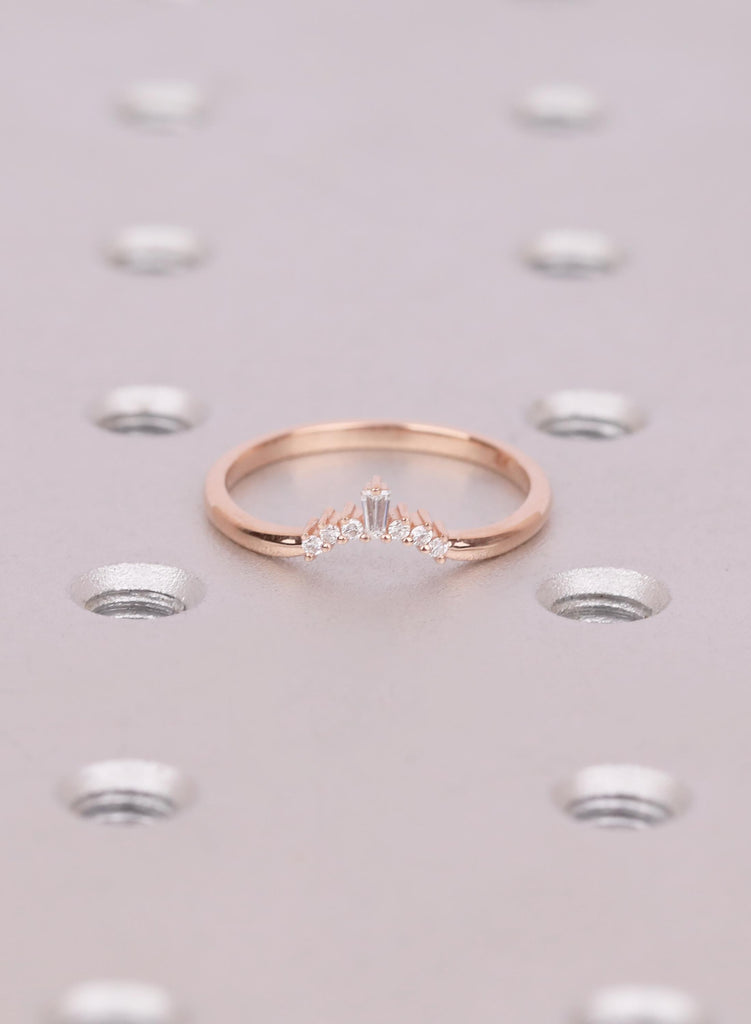 Baguette Diamond Curved Wedding Band, Art Deco Curved Wedding Ring For Women, Unique Stacking Band, Chevron Matching Band, Anniversary Gift image #1