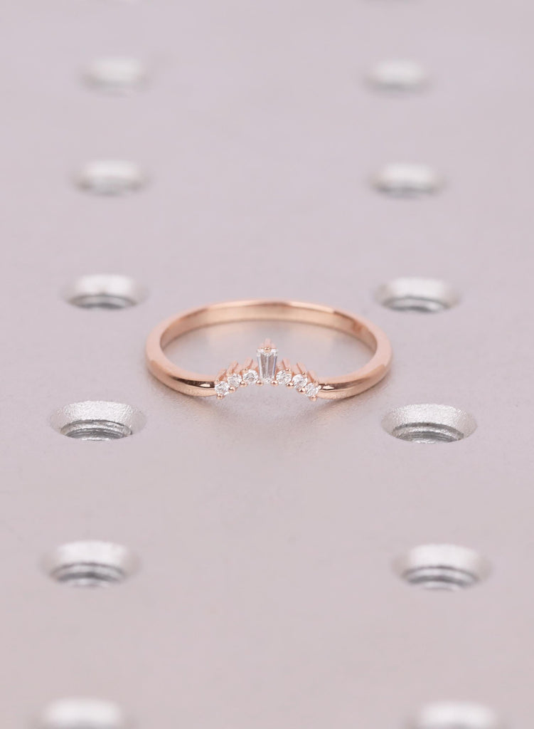 Curved Wedding Band with Baguette and Round Accent Stones , Unique Tiara Stacking Ring and Contoured Bridal Band image #2
