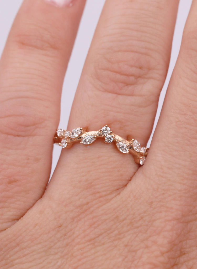 Nature Inspired Curved Wedding Band, Marquise Cluster Vine Stacking Ring, Tiara Chevron Matching Bridal Band image #1