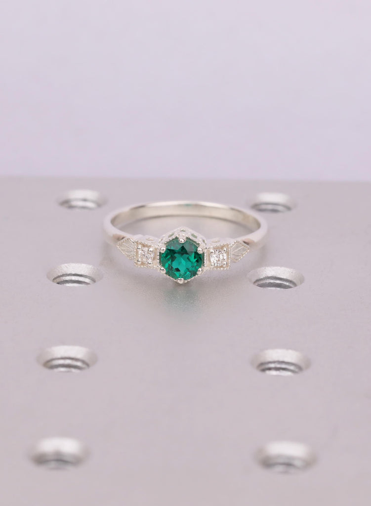 Vintage Emerald Engagement Ring, Unique Antique Wedding Promise Anniversary Ring For Her, Silver Ring Gift, Milgrain Engagement Rings image #3