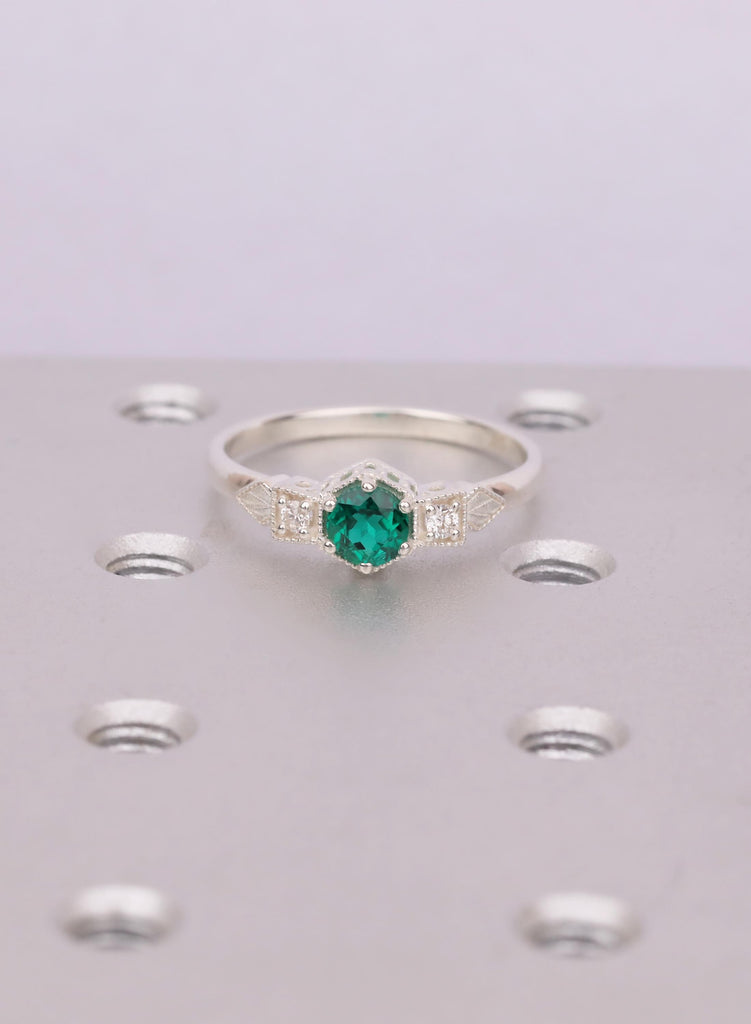 Round Cut Emerald Ring, Silver Engagement Ring, Birthday Gift, Modern Women's Ring, Victorian Style Statement Ring image #6