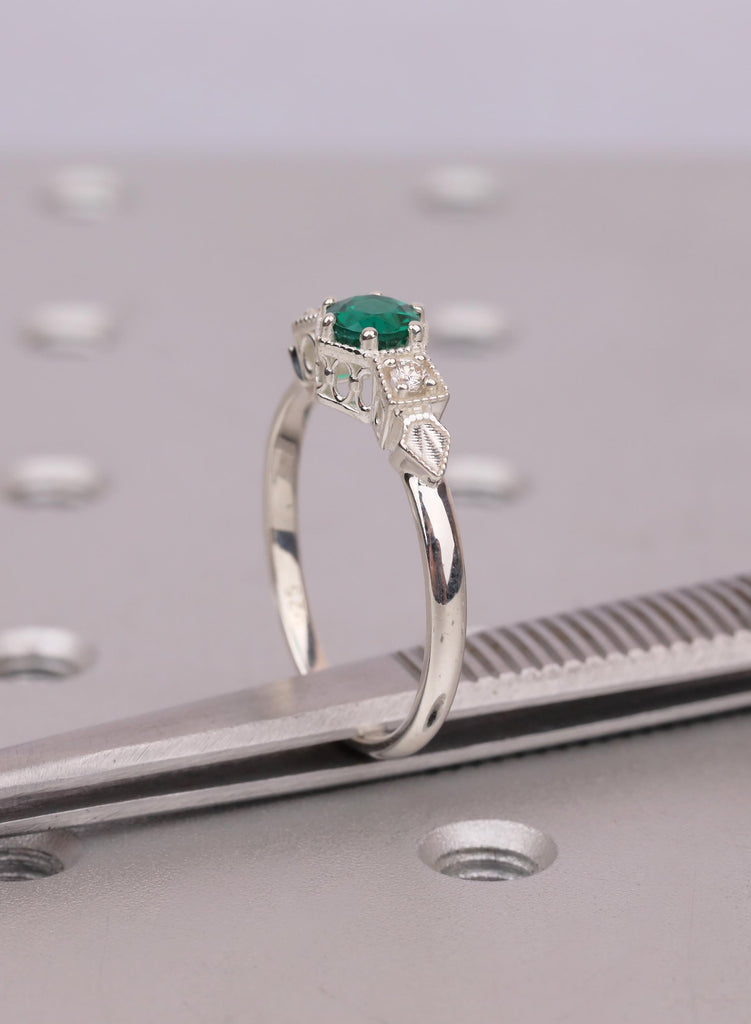 Vintage Emerald Engagement Ring, Unique Antique Wedding Promise Anniversary Ring For Her, Silver Ring Gift, Milgrain Engagement Rings image #10
