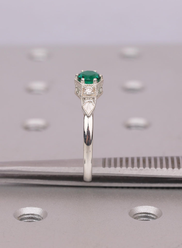 Round Cut Emerald Ring, Silver Engagement Ring, Birthday Gift, Modern Women's Ring, Victorian Style Statement Ring image #11