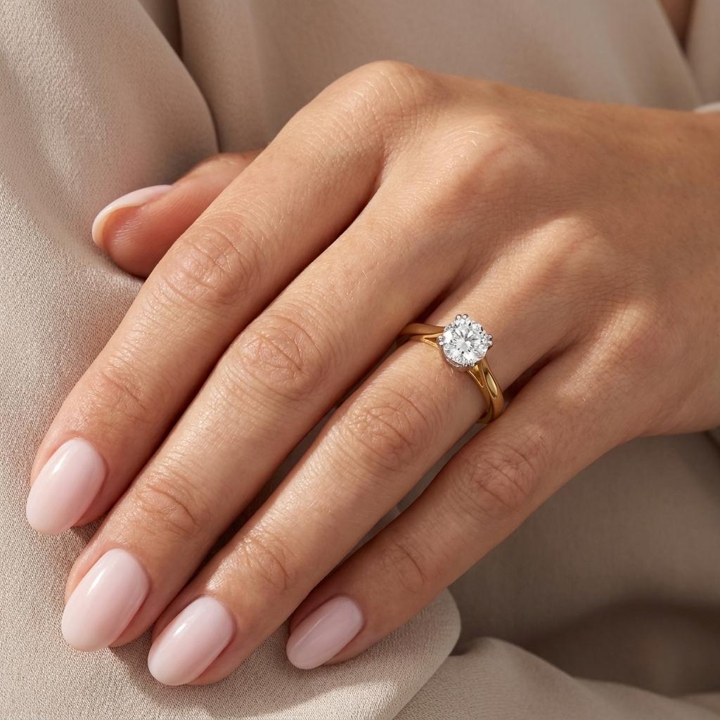 Cathedral Style Solitaire Ring: Round Cut Lab Grown Diamond, Two Tone Gold Band image #6
