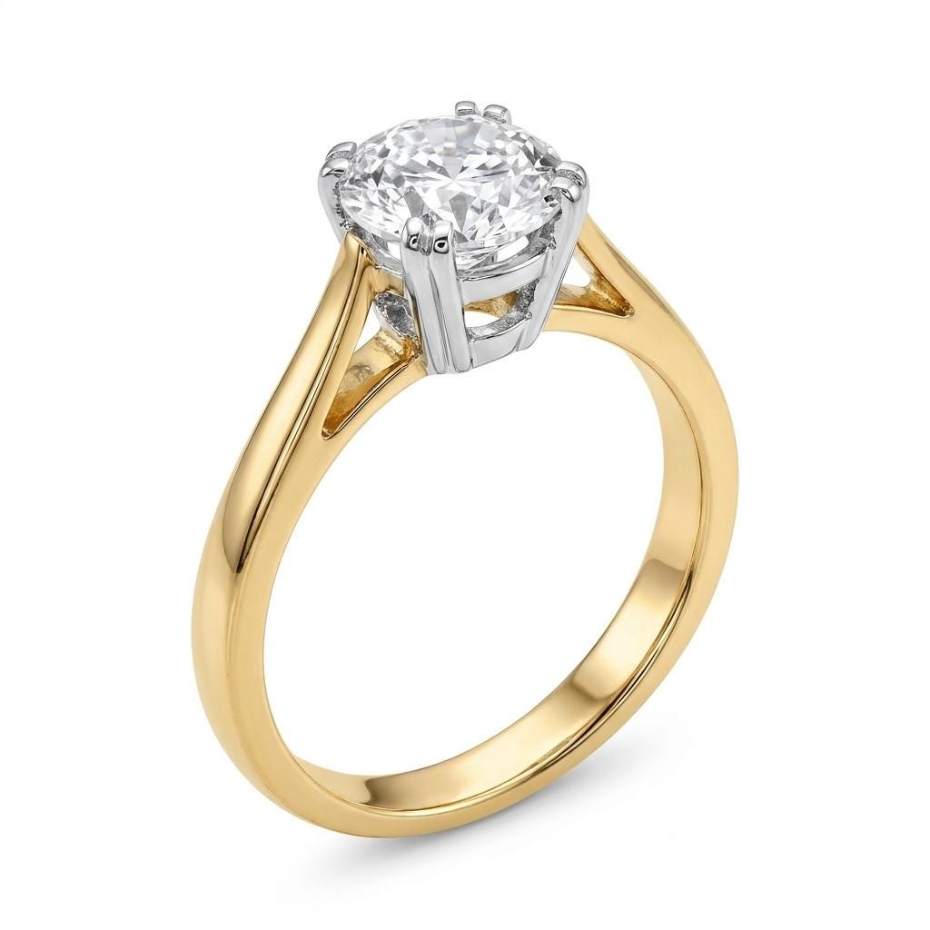 Round Lab Diamond Solitaire Engagement Ring, 14K/18K Gold Two Tone Ring, Cathedral Setting image #7